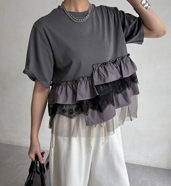  「【WEB限定】異素材切替フリルTEE」|Tシャツ・カットソー|