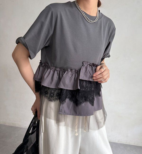  「【WEB限定】異素材切替フリルTEE」|Tシャツ・カットソー|