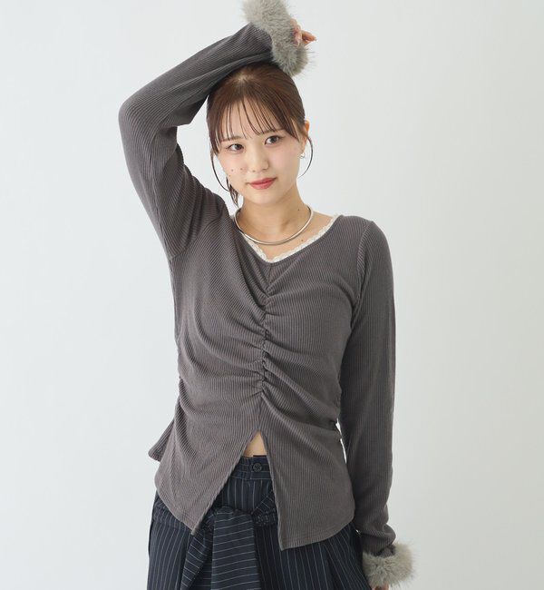  「【＠__misa__03 &times; ＠__3yuuファーカフスフロントギャザーTOPS」|Tシャツ・カットソー|