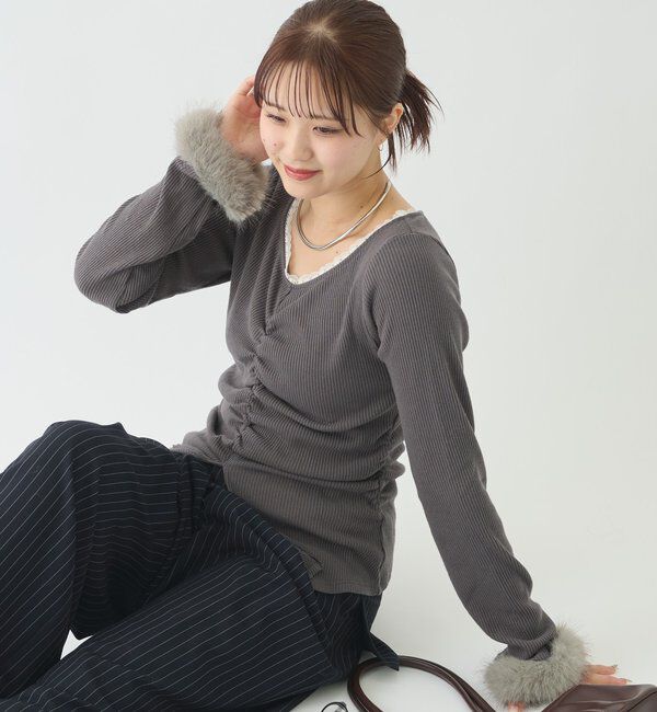 「【＠__misa__03 &times; ＠__3yuuファーカフスフロントギャザーTOPS」|Tシャツ・カットソー|