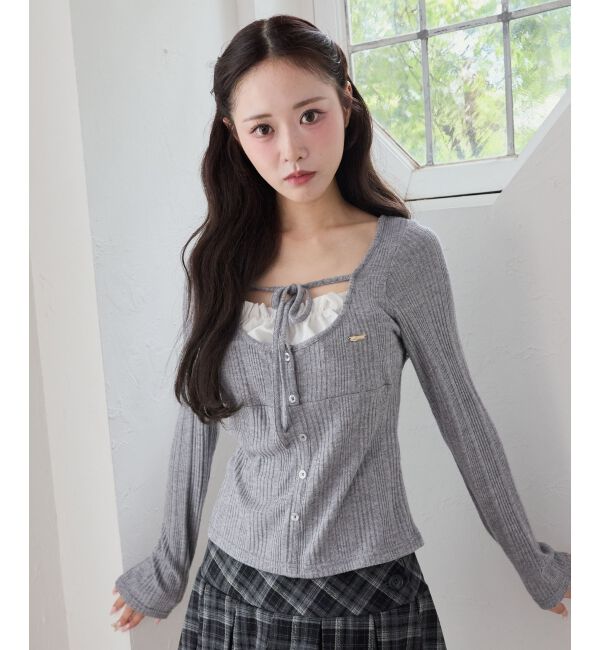  「リボンレイヤードライクトップス」|Tシャツ・カットソー|グレー