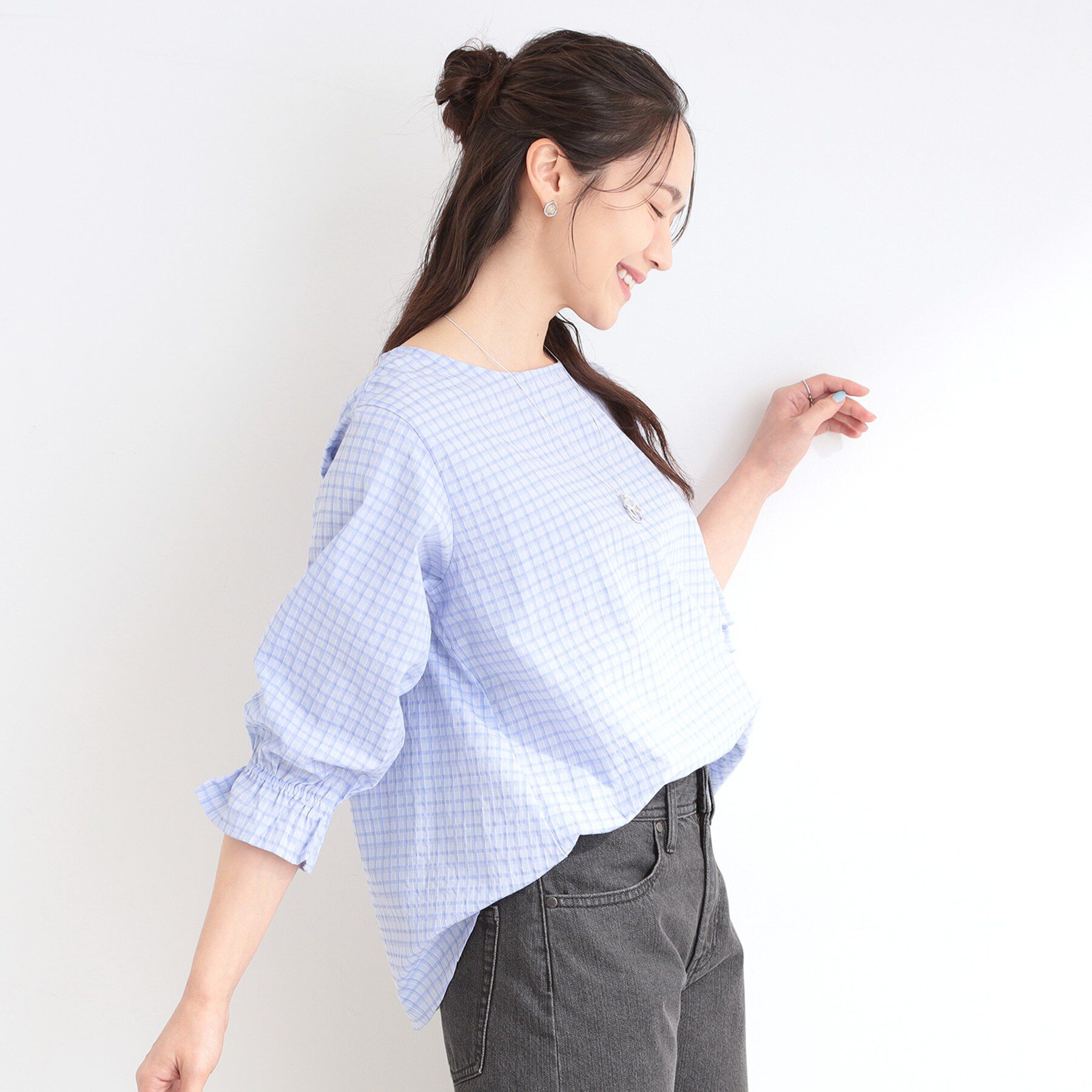 SHOO･LA･RUE「【セットアップ可/洗濯機可】上品チェックが好印象 ゆるさら6分袖ブラウス」|シャツ・ブラウス|