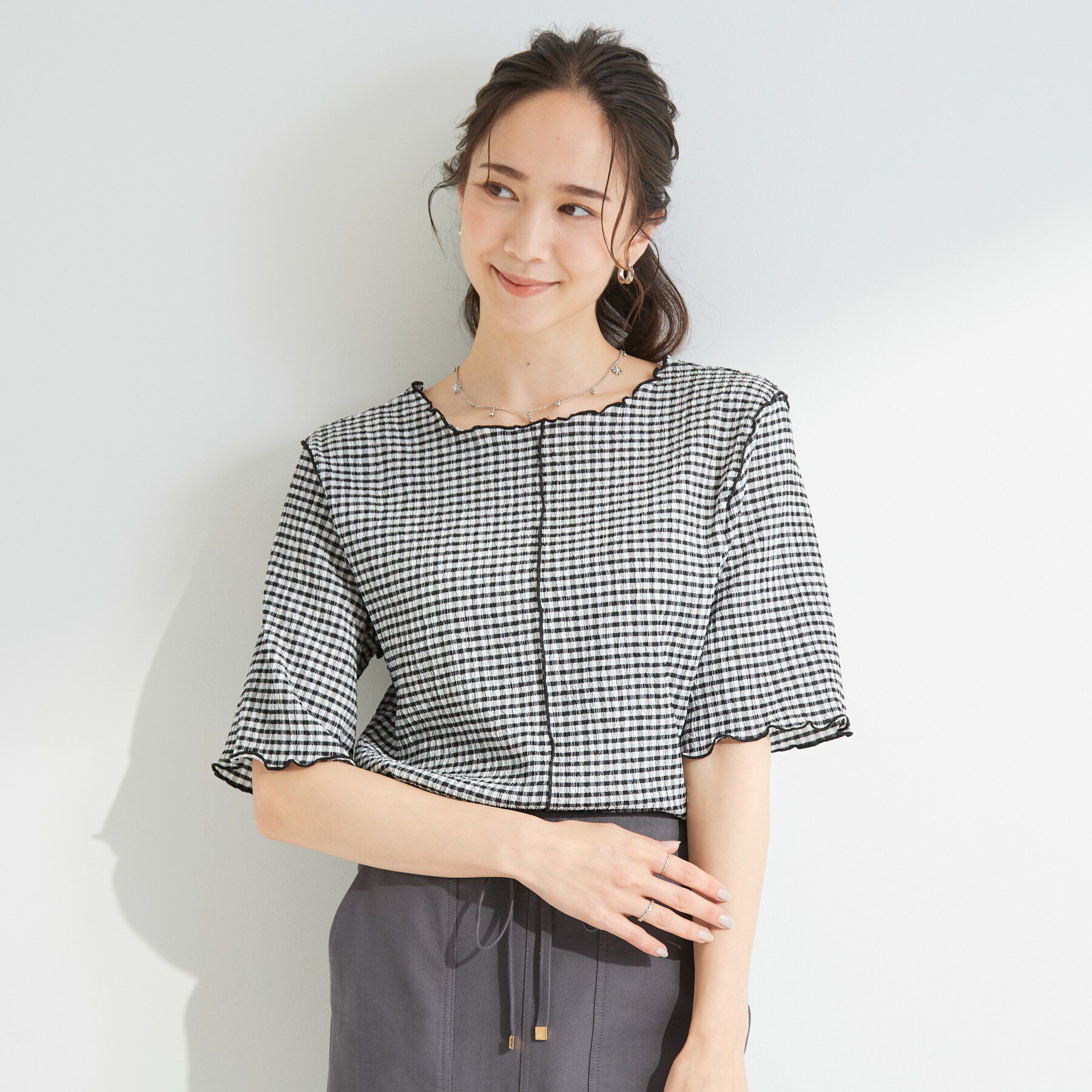 SHOO･LA･RUE「カット楊柳ギンガムメローT」|Tシャツ・カットソー|