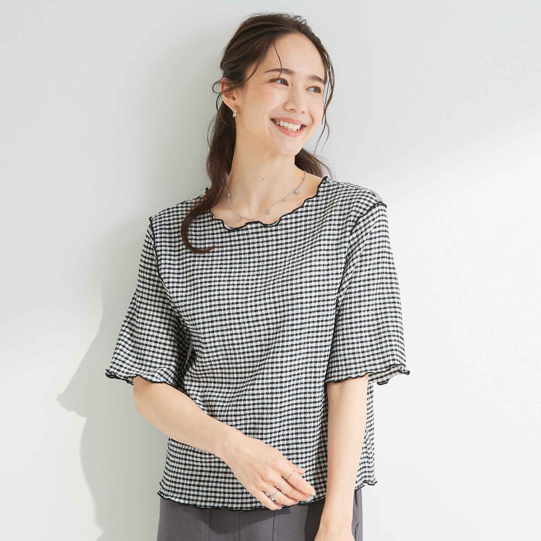SHOO･LA･RUE「カット楊柳ギンガムメローT」|Tシャツ・カットソー|