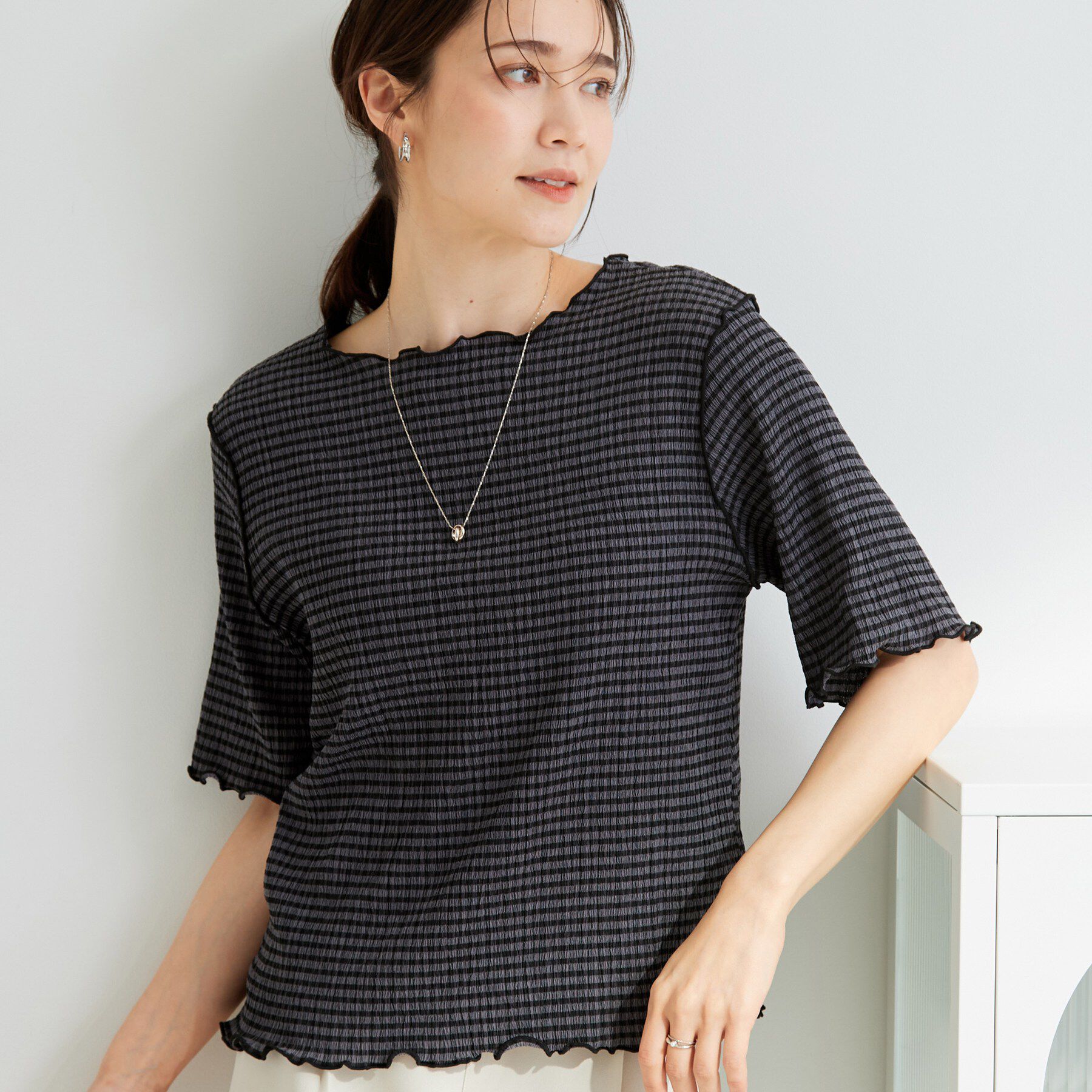 SHOO･LA･RUE「カット楊柳ギンガムメローT」|Tシャツ・カットソー|チャコールグレー(2