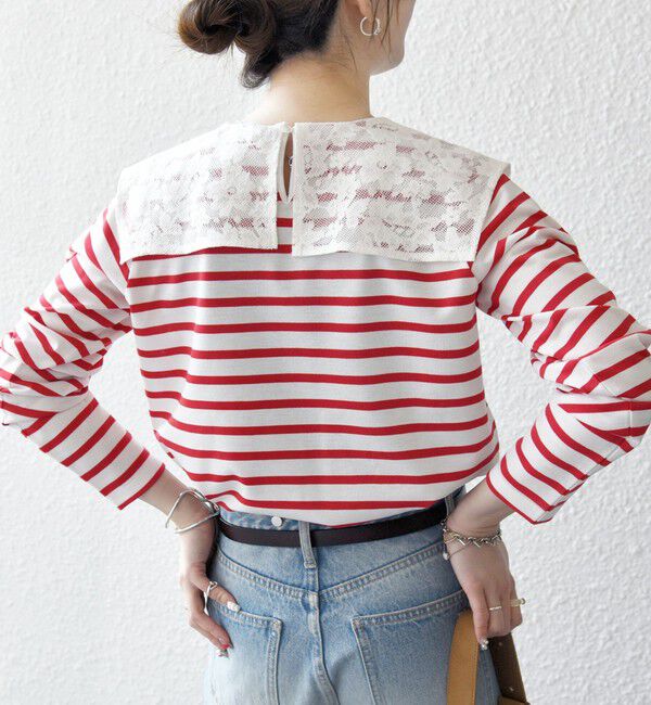SHIPS any「SHIPS any:〈洗濯機可能〉マリンボーダー レース 襟 プルオーバー」|Tシャツ・カットソー|レッド