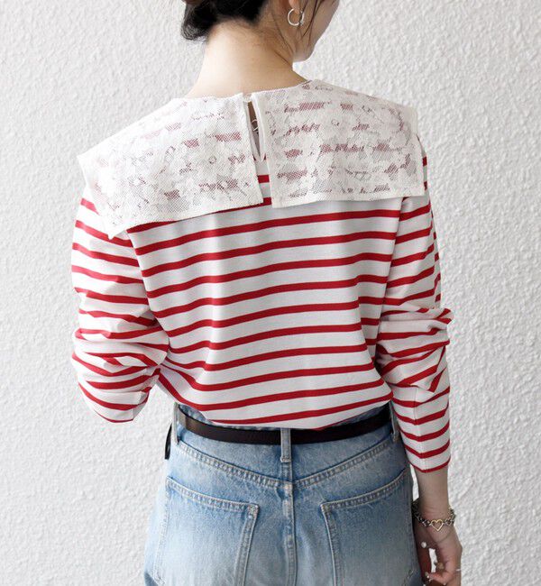 SHIPS any「SHIPS any:〈洗濯機可能〉マリンボーダー レース 襟 プルオーバー」|Tシャツ・カットソー|