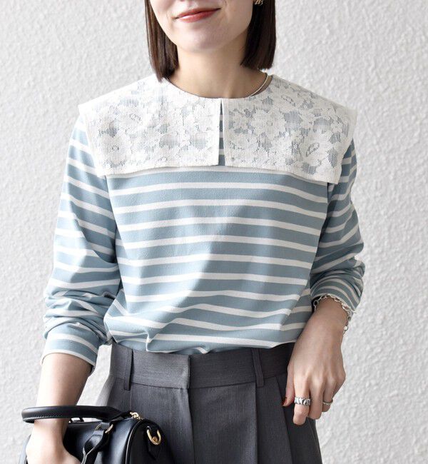 SHIPS any「SHIPS any:〈洗濯機可能〉マリンボーダー レース 襟 プルオーバー」|Tシャツ・カットソー|