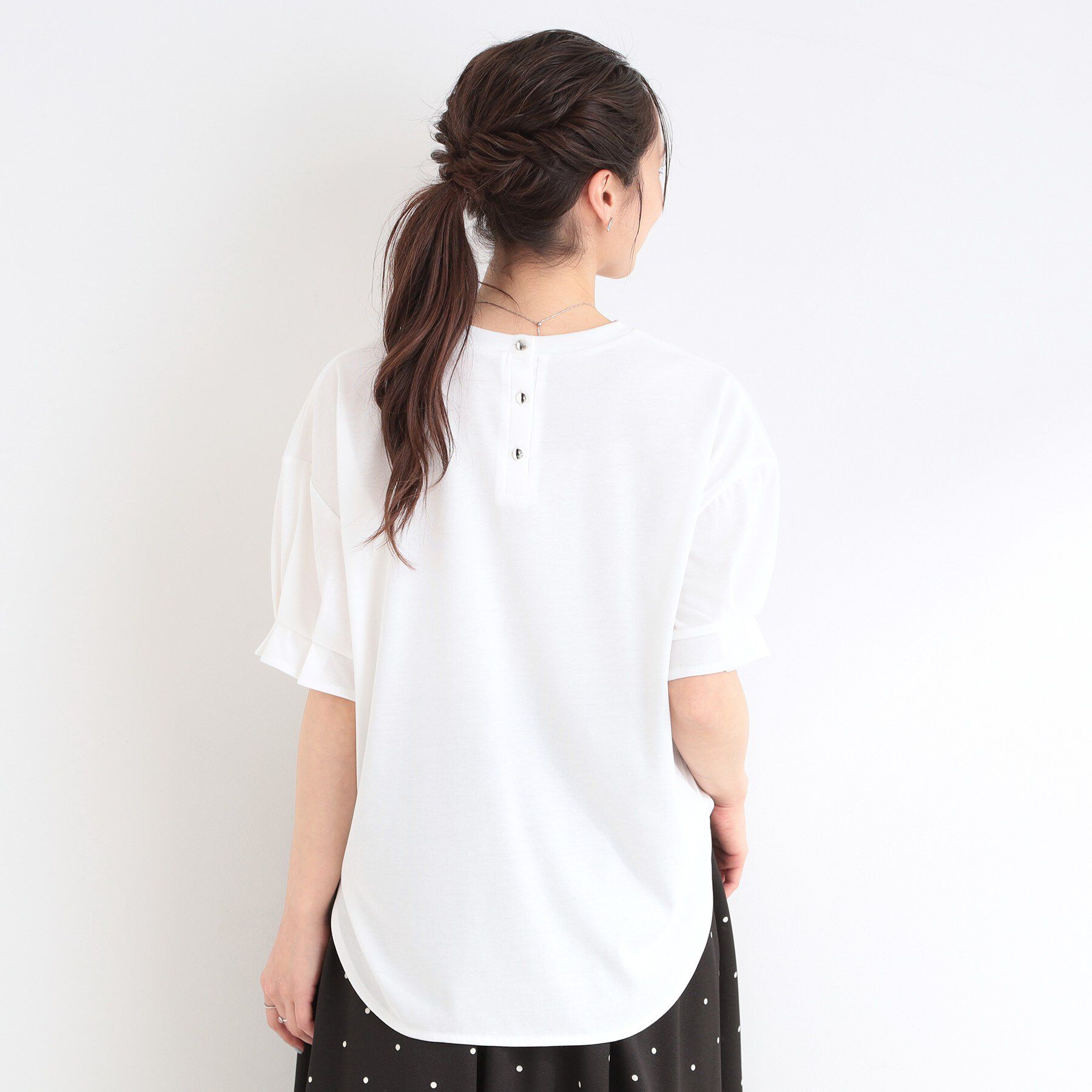 SHOO･LA･RUE「【ひんやり/UV/S-LL】お袖ふんわり二の腕カバー ぷっくりラメプリントTシャツ」|Tシャツ・カットソー|