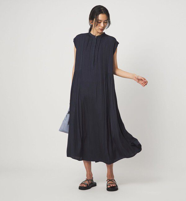 UNITED ARROWS green label relaxing「サテン ギャザー フレンチスリーブ ワンピース」|ワンピース|NAVY