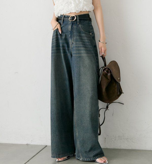  「ベルト付きカーブワイドデニム」|デニム|