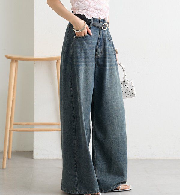  「ベルト付きカーブワイドデニム」|デニム|