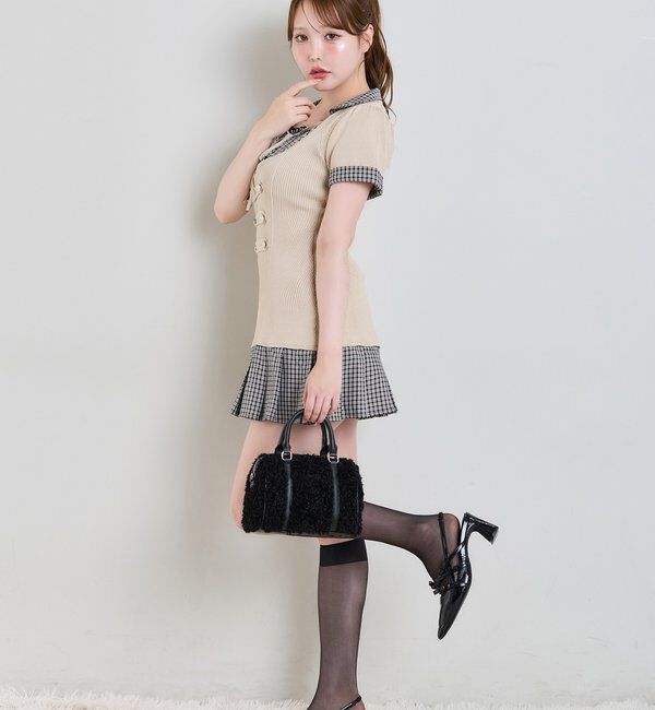  「ナポレオンシャツドッキングニットミニワンピ」|ワンピース|