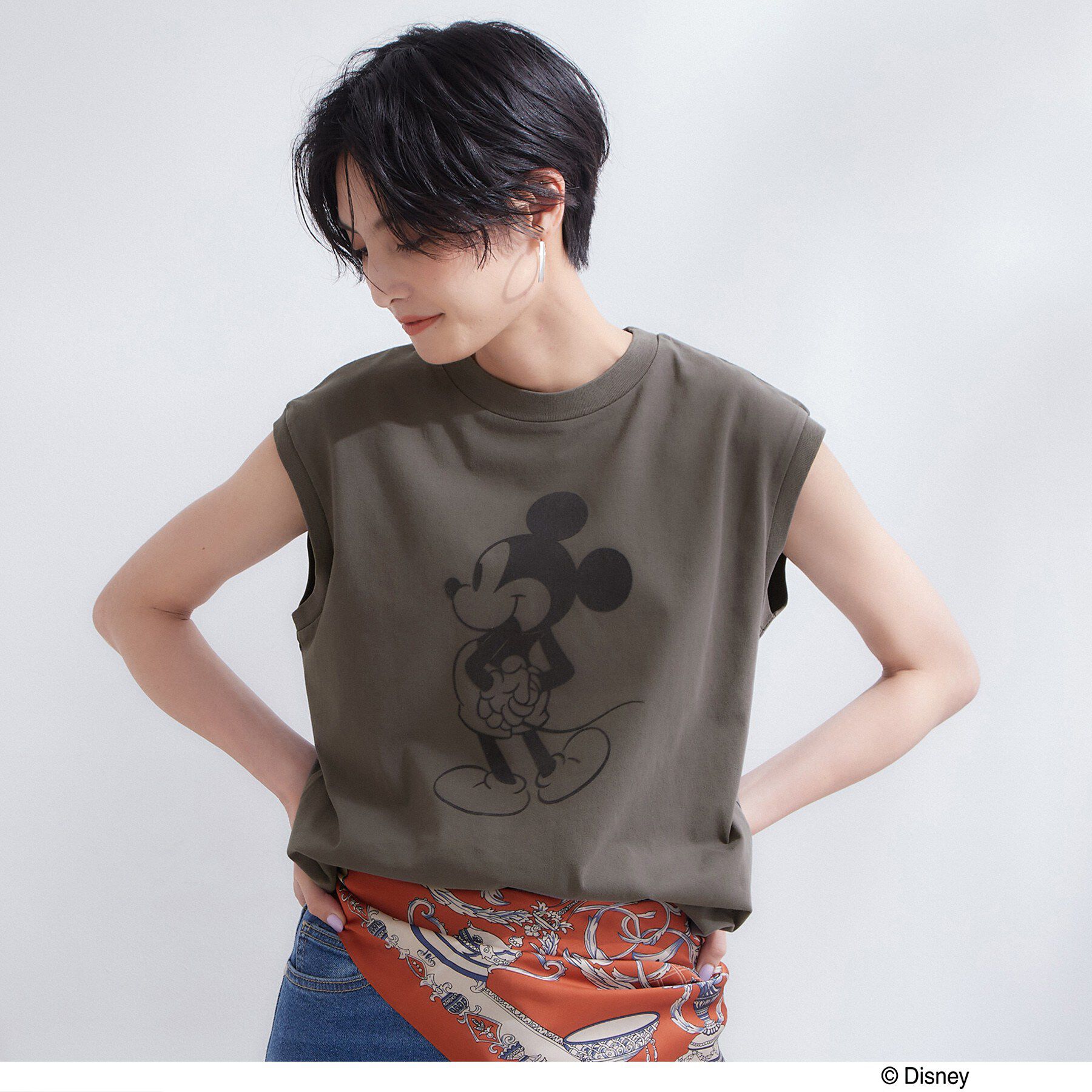 OPAQUE.CLIP「「Mickey Mouse」フロッキープリント フレンチスリーブTシャツ《洗濯機OK》」|Tシャツ・カットソー|