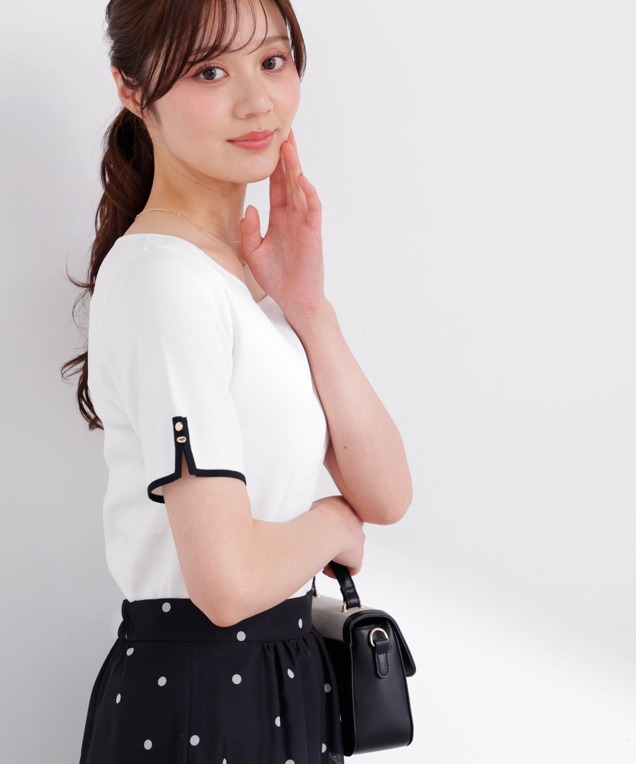 PROPORTION BODY DRESSING「5分袖ベーシックニット 26SS」|ニット・セーター|ホワイト&times;ブ  1