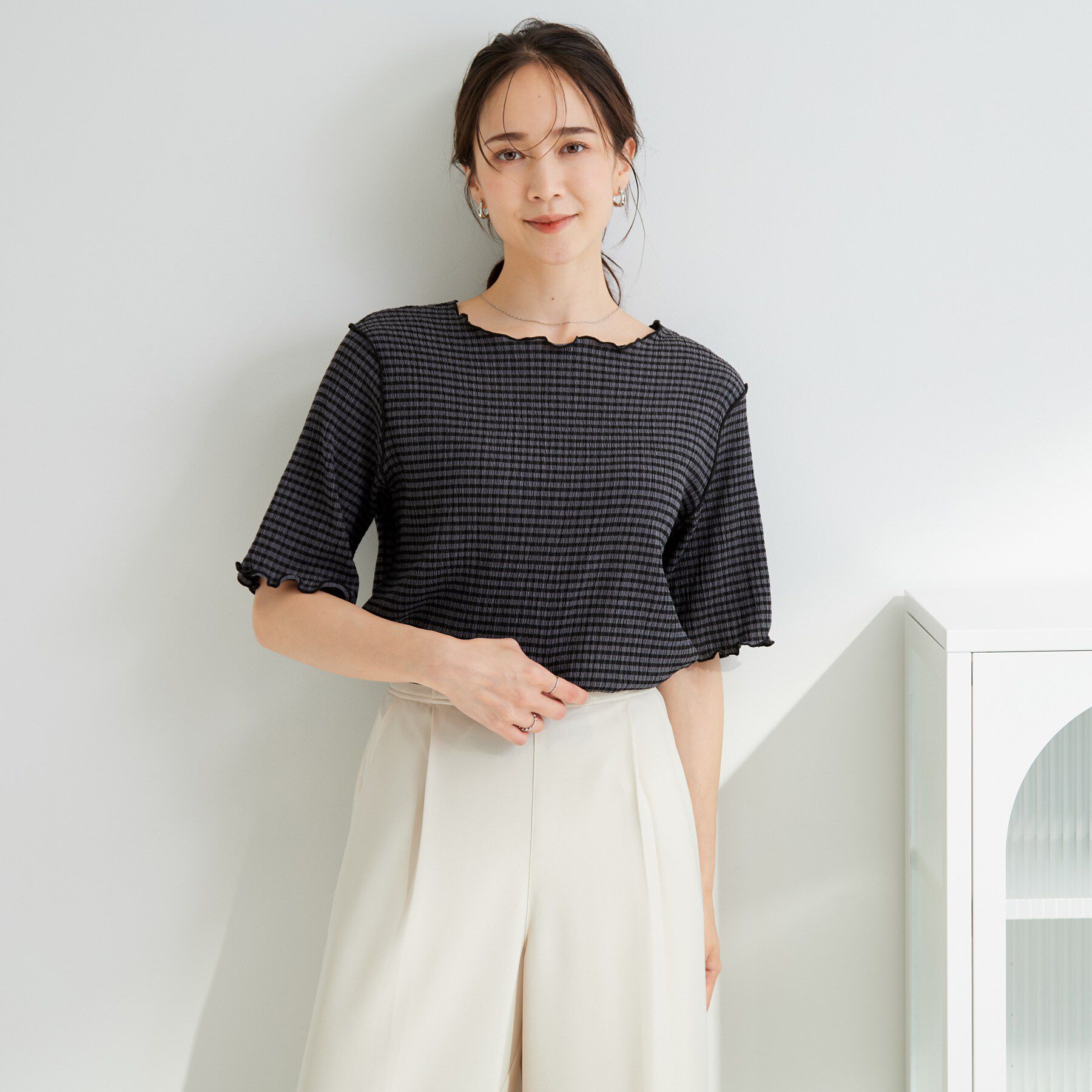 SHOO･LA･RUE「カット楊柳ギンガムメローT」|Tシャツ・カットソー|