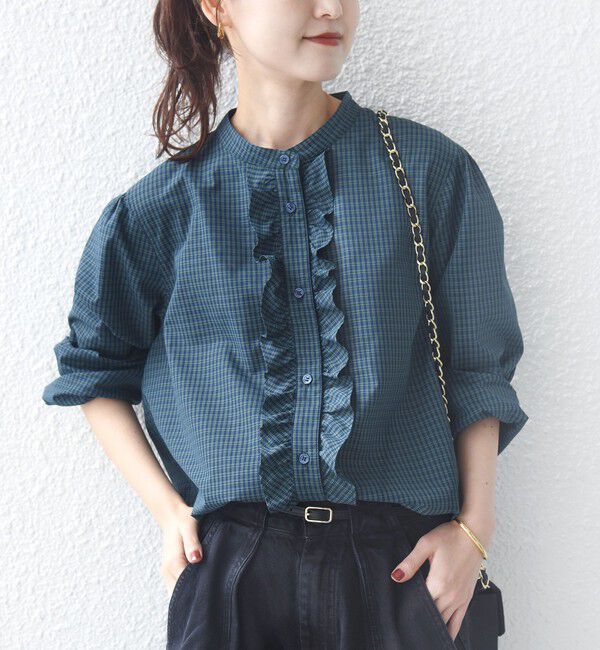 SHIPS for women「《追加予約》【WEB限定】〈手洗い可能〉チェック フリル ロングスリーブ シャツ（グリーン）」|シャツ・ブラウス|