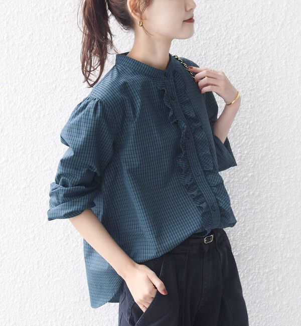 SHIPS for women「《追加予約》【WEB限定】〈手洗い可能〉チェック フリル ロングスリーブ シャツ（グリーン）」|シャツ・ブラウス|
