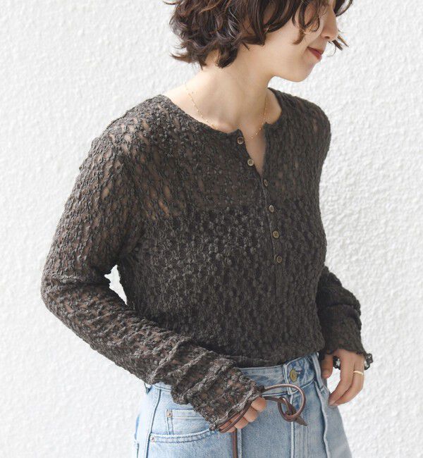 SHIPS for women「〈手洗い可能〉シュリンク レース ヘンリーネック 2WAY プルオーバー」|Tシャツ・カットソー|