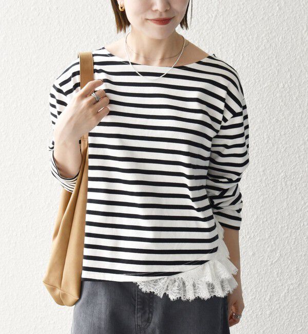 SHIPS any「《予約》SHIPS any:〈洗濯機可能〉レース ヘム アシンメトリー ロングスリーブ TEE」|Tシャツ・カットソー|ホワイト