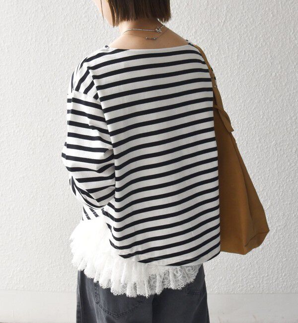 SHIPS any「《予約》SHIPS any:〈洗濯機可能〉レース ヘム アシンメトリー ロングスリーブ TEE」|Tシャツ・カットソー|