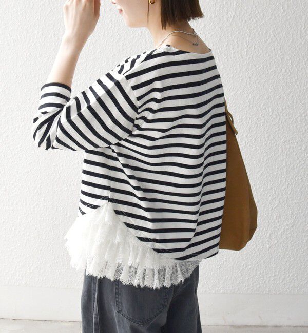 SHIPS any「《予約》SHIPS any:〈洗濯機可能〉レース ヘム アシンメトリー ロングスリーブ TEE」|Tシャツ・カットソー|