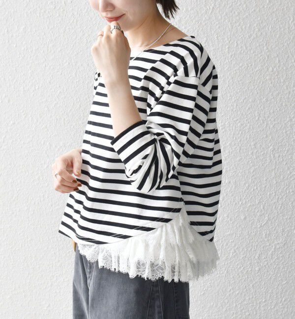 SHIPS any「《予約》SHIPS any:〈洗濯機可能〉レース ヘム アシンメトリー ロングスリーブ TEE」|Tシャツ・カットソー|