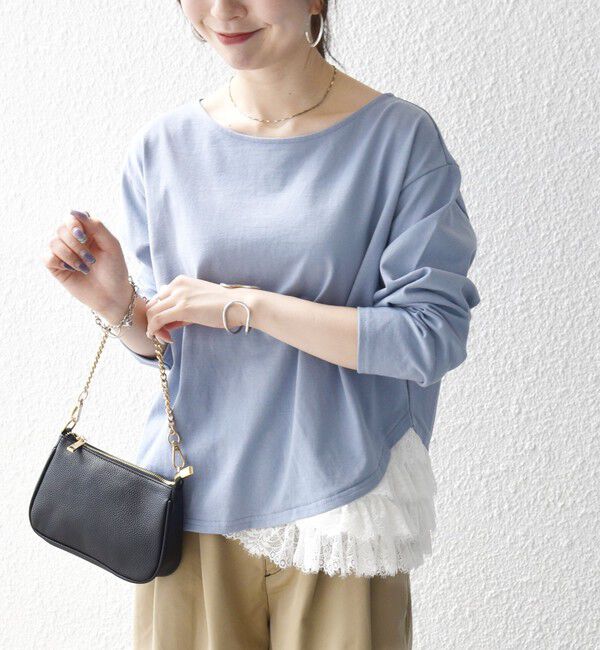 SHIPS any「《予約》SHIPS any:〈洗濯機可能〉レース ヘム アシンメトリー ロングスリーブ TEE」|Tシャツ・カットソー|