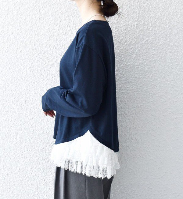 SHIPS any「《予約》SHIPS any:〈洗濯機可能〉レース ヘム アシンメトリー ロングスリーブ TEE」|Tシャツ・カットソー|