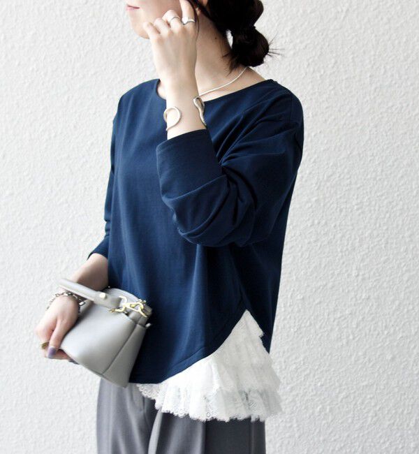 SHIPS any「《予約》SHIPS any:〈洗濯機可能〉レース ヘム アシンメトリー ロングスリーブ TEE」|Tシャツ・カットソー|