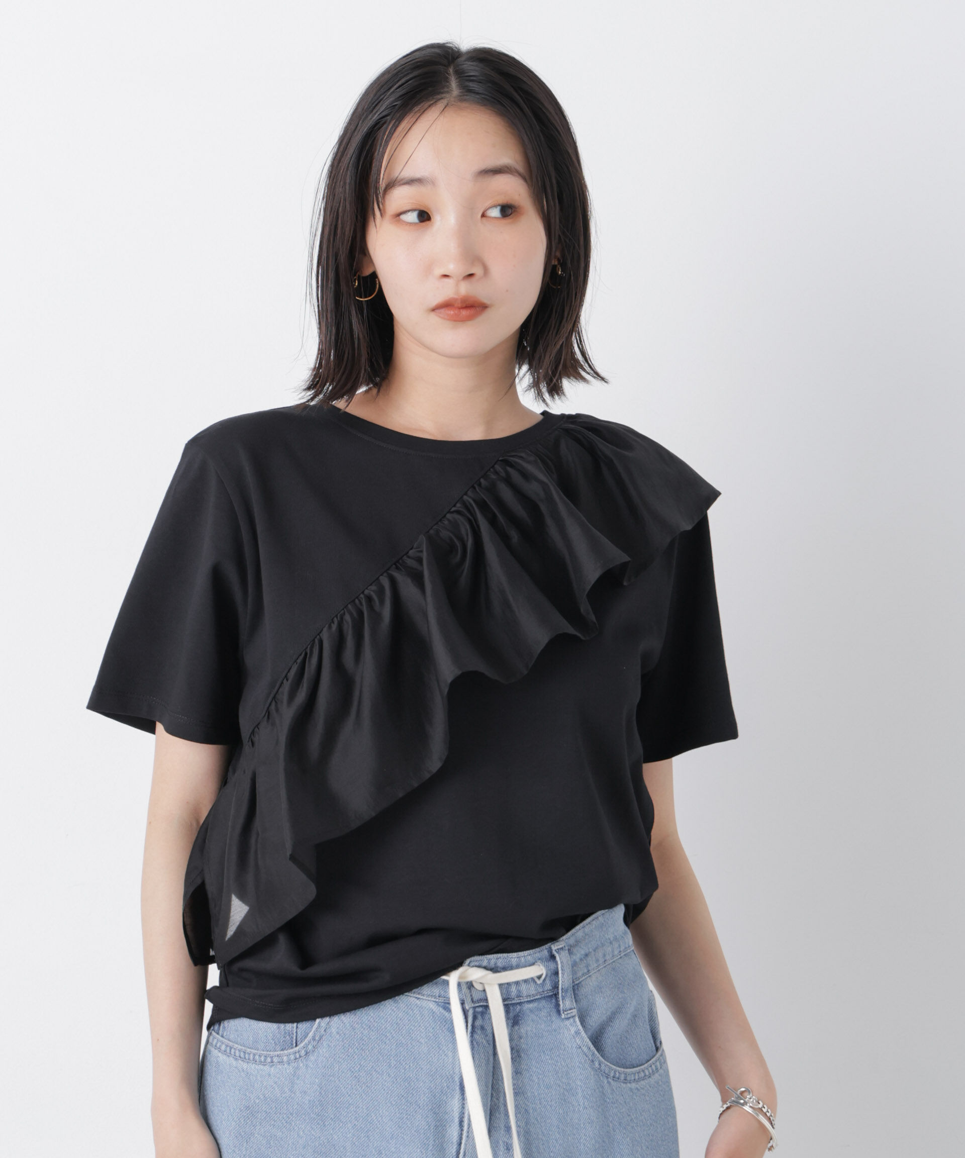 nano･universe「アシンメトリーフリル異素材コンビTシャツ」|Tシャツ・カットソー|ブラック