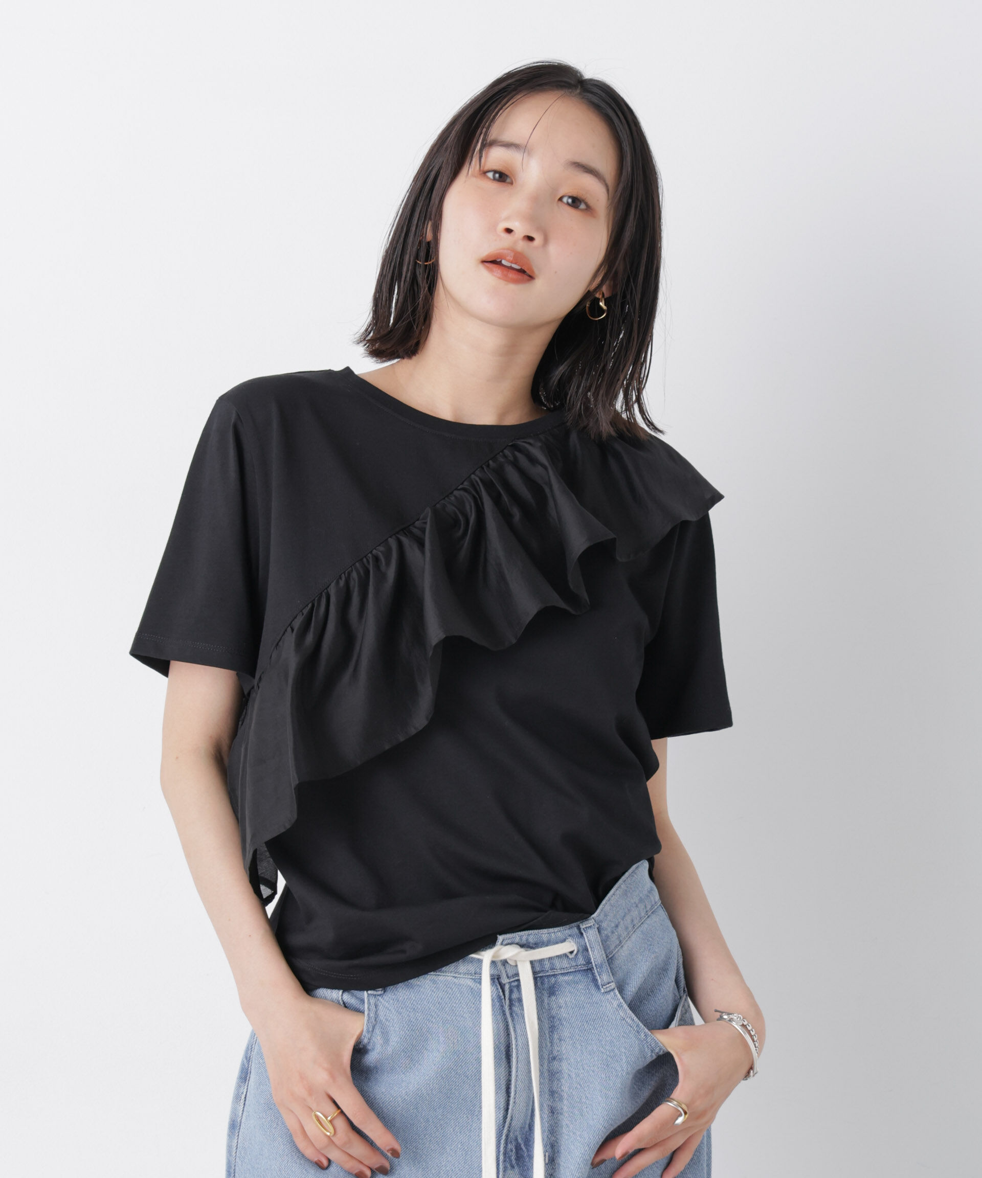 nano･universe「アシンメトリーフリル異素材コンビTシャツ」|Tシャツ・カットソー|