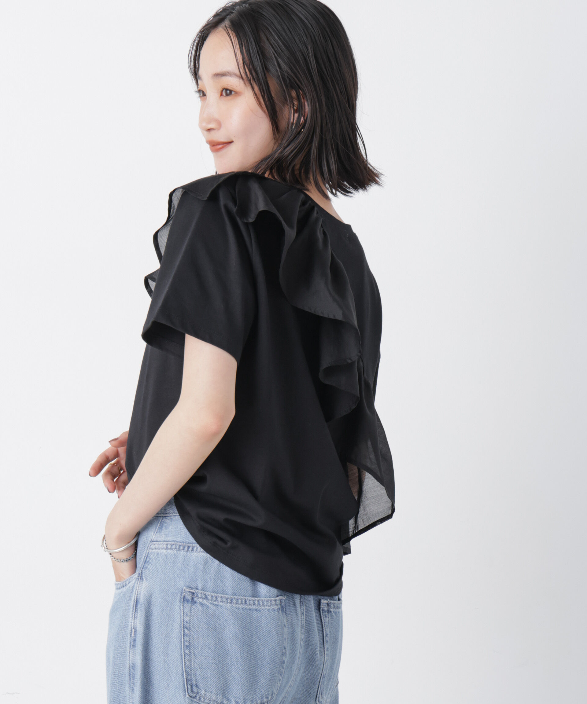 nano･universe「アシンメトリーフリル異素材コンビTシャツ」|Tシャツ・カットソー|