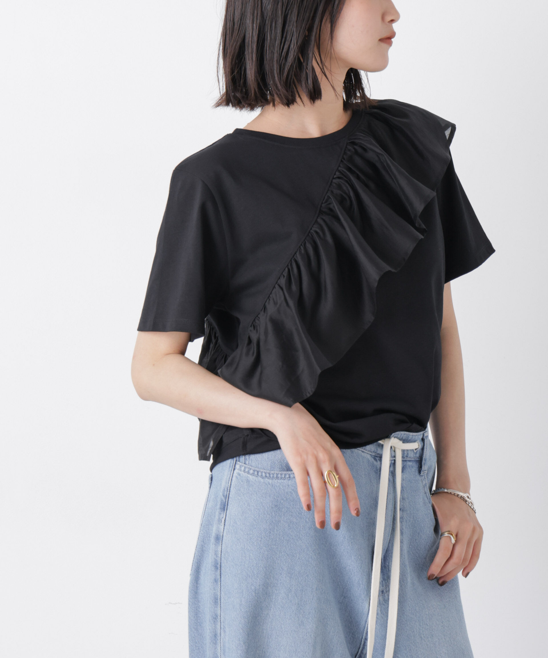 nano･universe「アシンメトリーフリル異素材コンビTシャツ」|Tシャツ・カットソー|