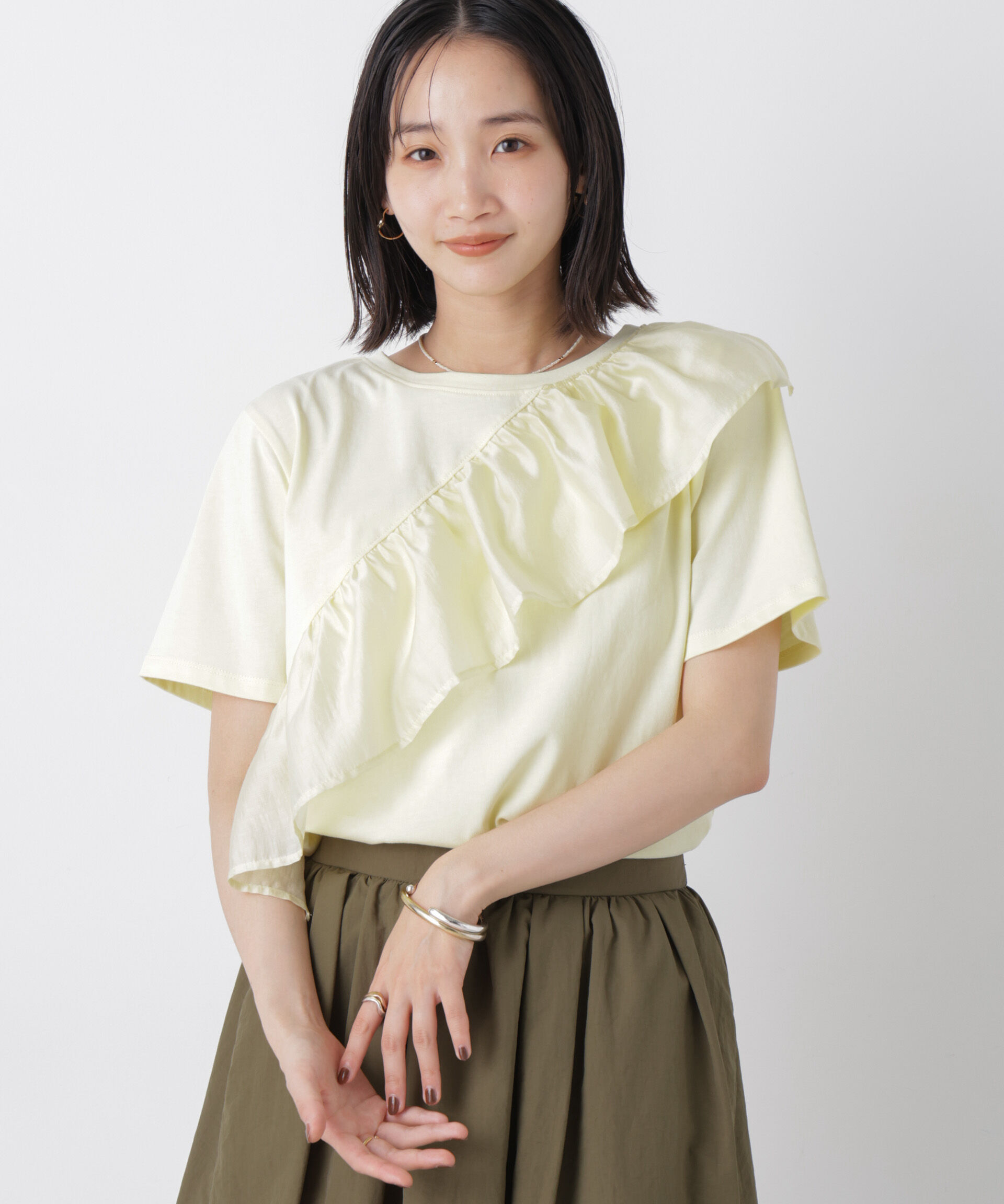 nano･universe「アシンメトリーフリル異素材コンビTシャツ」|Tシャツ・カットソー|L.イエロー1