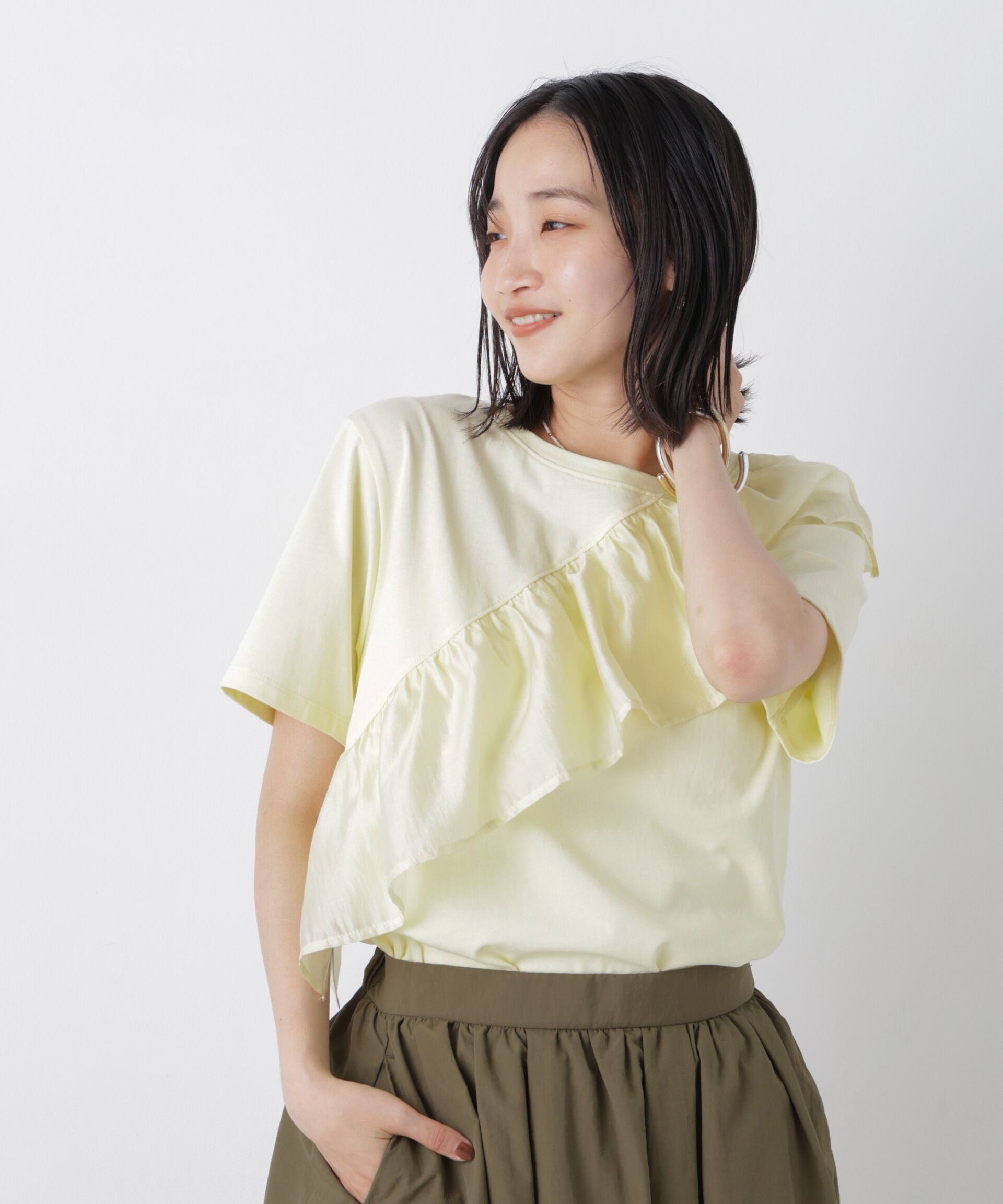 nano･universe「アシンメトリーフリル異素材コンビTシャツ」|Tシャツ・カットソー|
