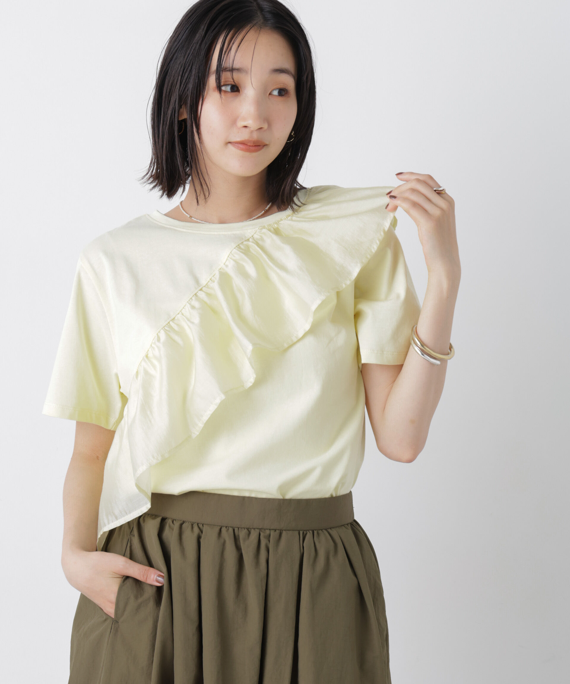 nano･universe「アシンメトリーフリル異素材コンビTシャツ」|Tシャツ・カットソー|