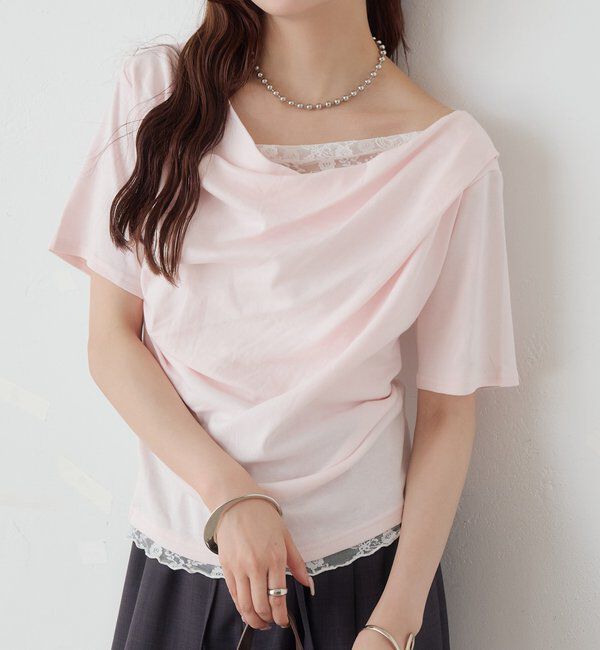  「レースドッキングオフショル半袖Tシャツ」|Tシャツ・カットソー|ピンク