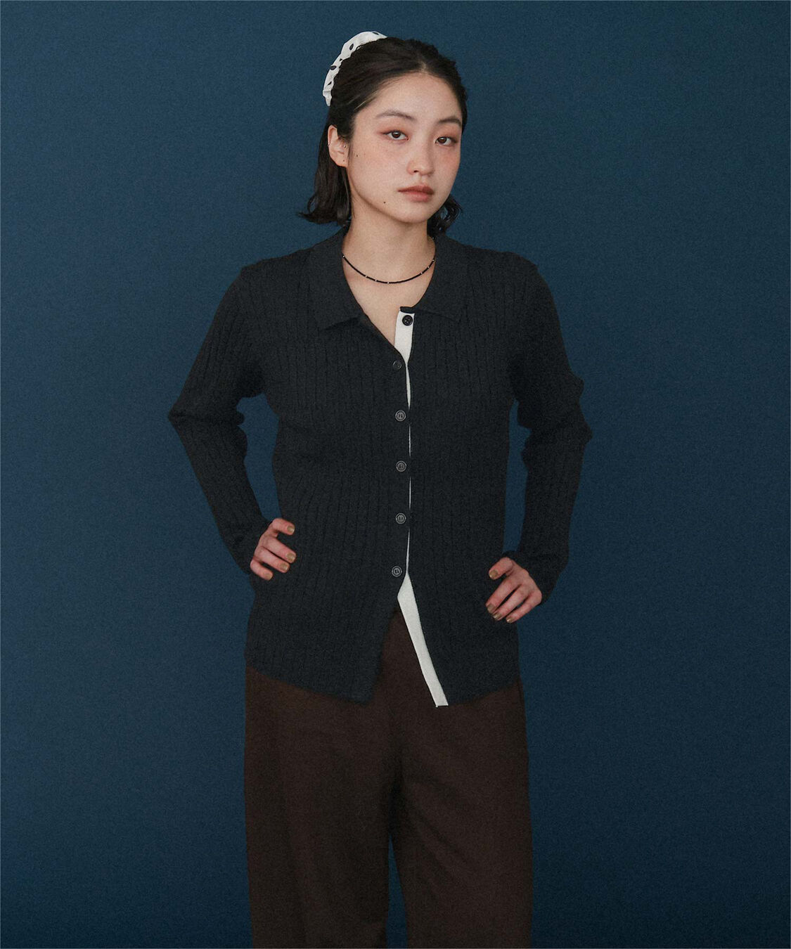 miette「襟付きランダムリブ配色ニットカーディガン」|ニット・セーター|