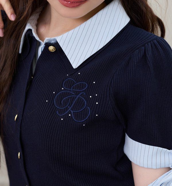  「袖リボンシャツドッキング刺繍入りニット」|ニット・セーター|