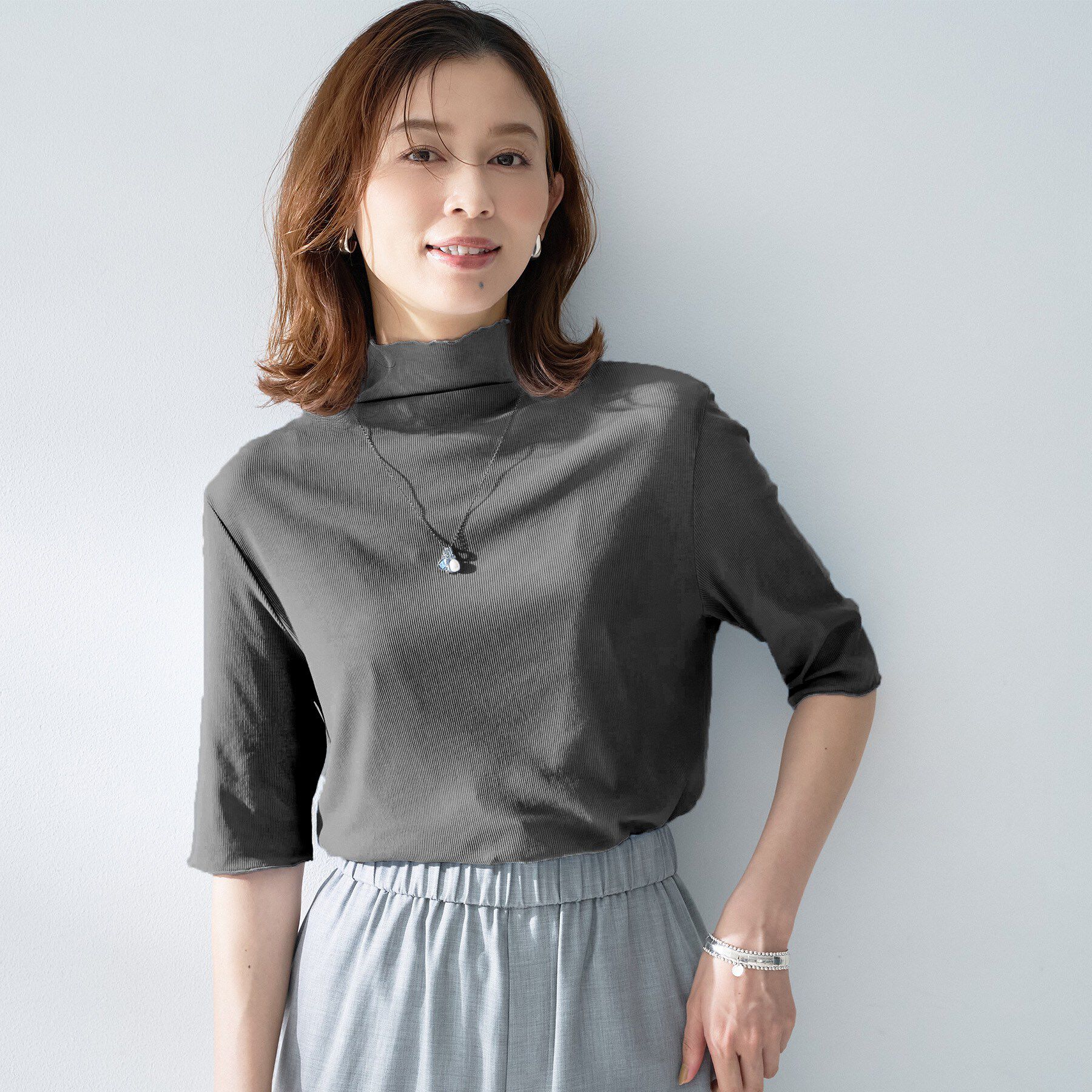 UNTITLED「シアーテレコハイネックトップス」|Tシャツ・カットソー|チャコールグレー(0