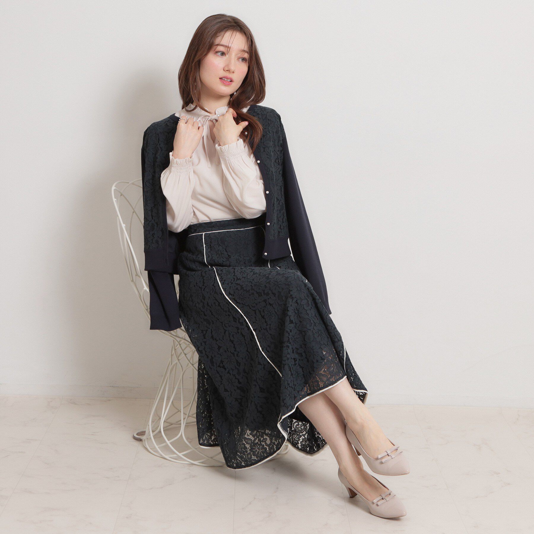 Couture broach「【洗える】コードレース カーディガン」|カーディガン|