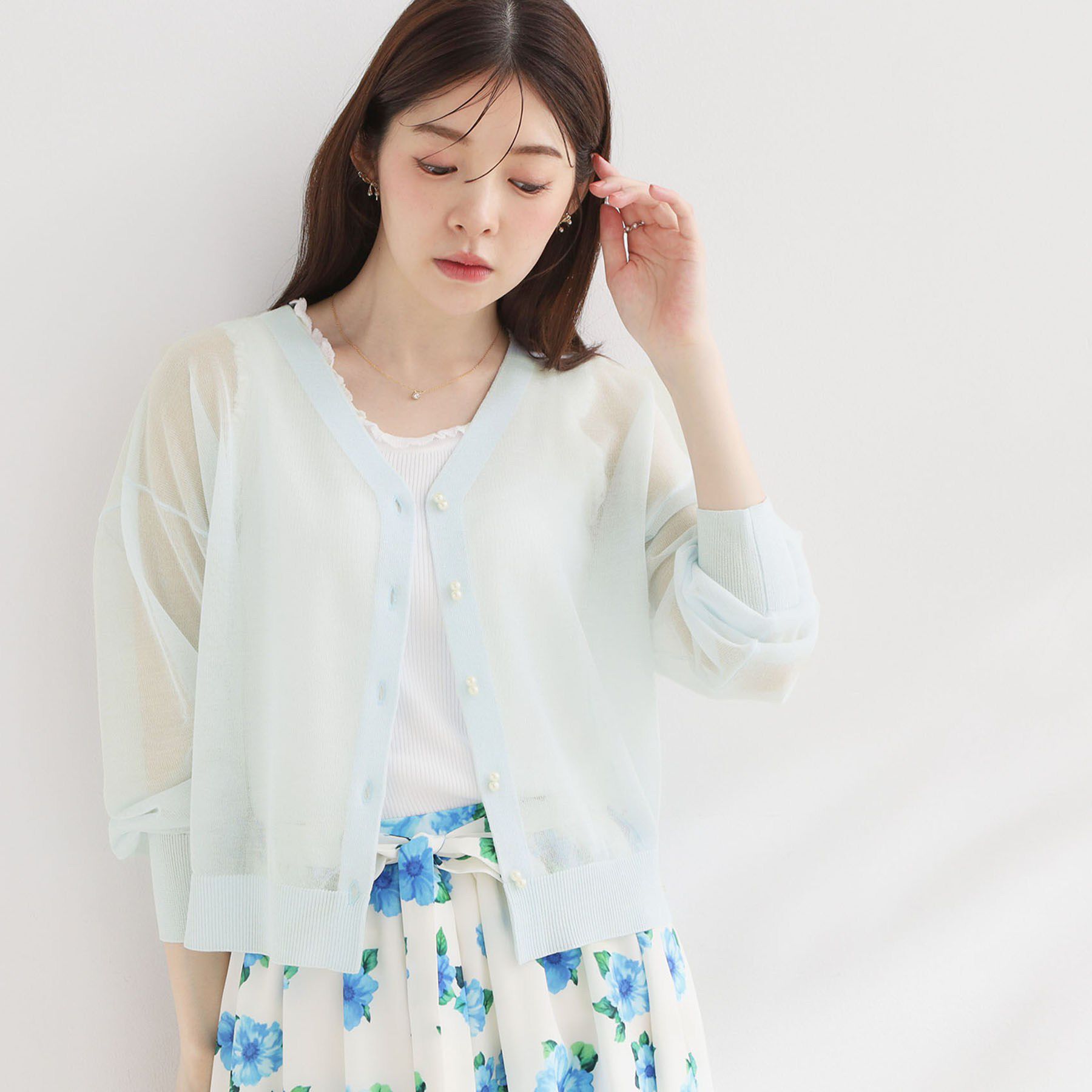 Couture broach「【洗える・パール調釦】愛されシアーカーディガン」|カーディガン|