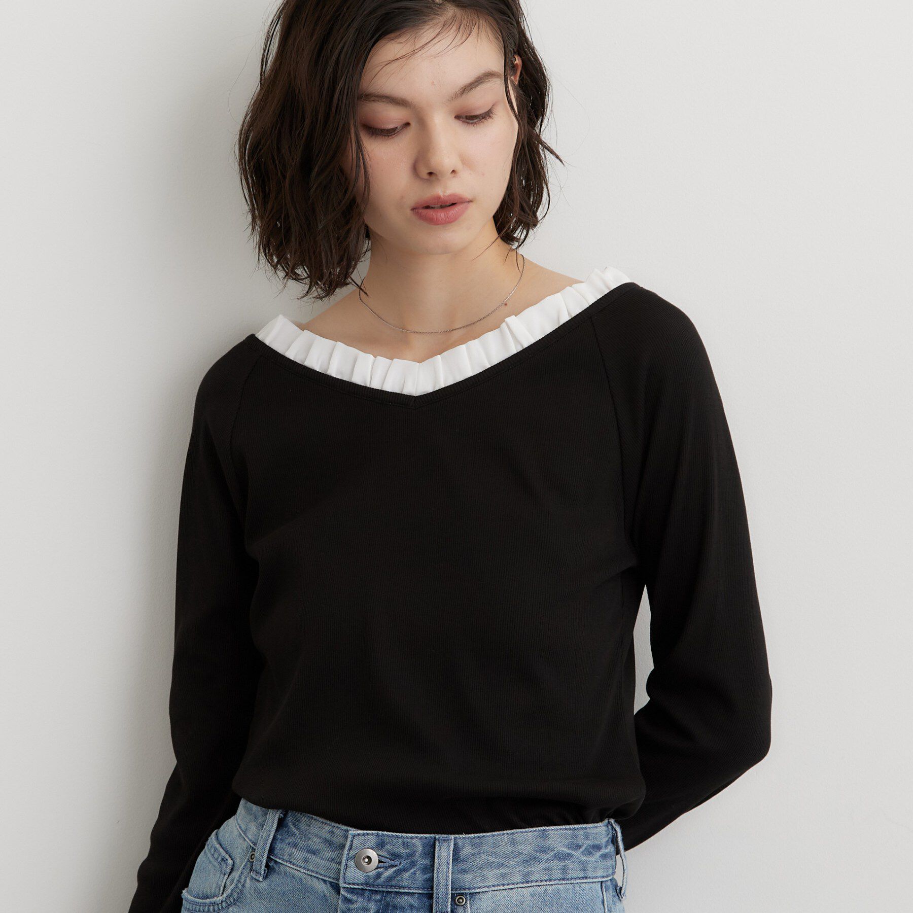 THE SHOP TK「フリル襟 リブカットソー」|Tシャツ・カットソー|ブラック(019)