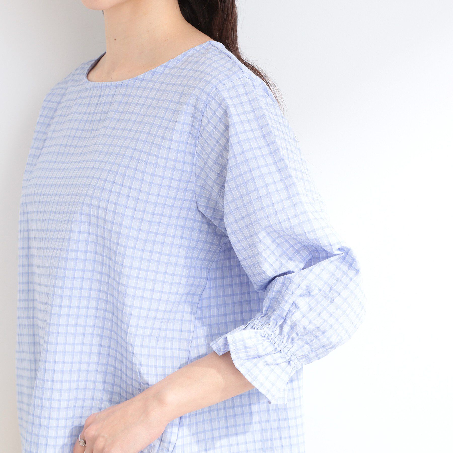 SHOO･LA･RUE「【セットアップ可/洗濯機可】上品チェックが好印象 ゆるさら6分袖ブラウス」|シャツ・ブラウス|