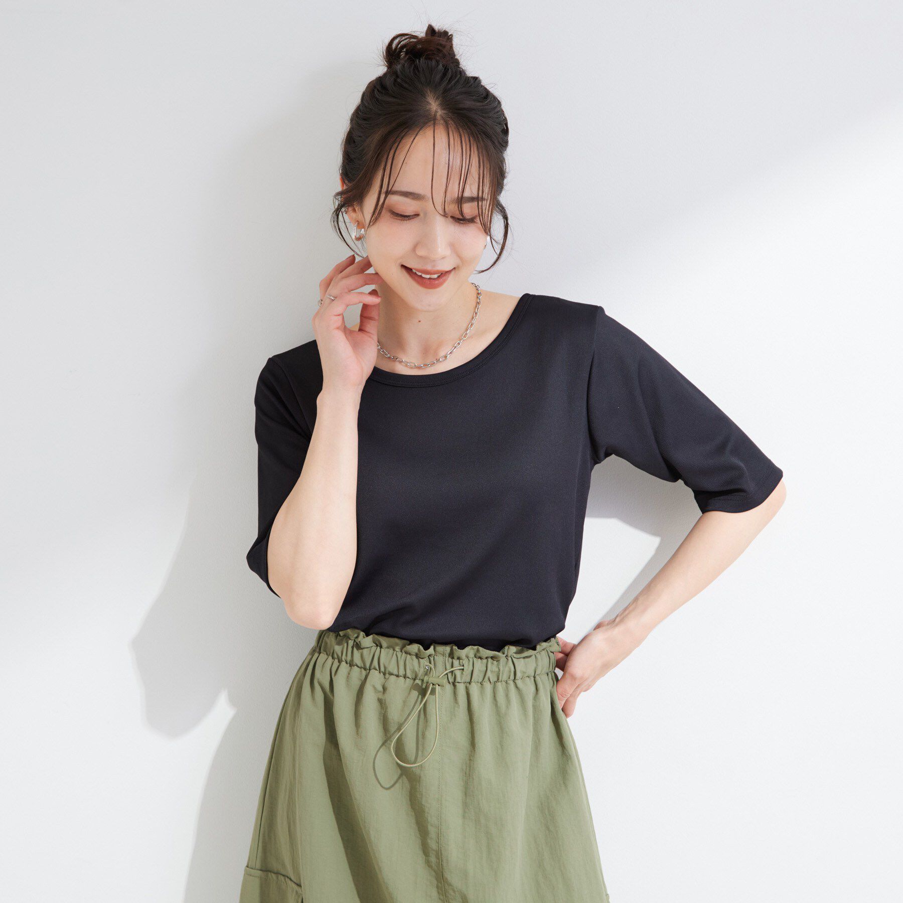 SHOO･LA･RUE「【ひんやり/前後2WAY/S-LL】着回しやすい 5分袖テレコトップス」|Tシャツ・カットソー|