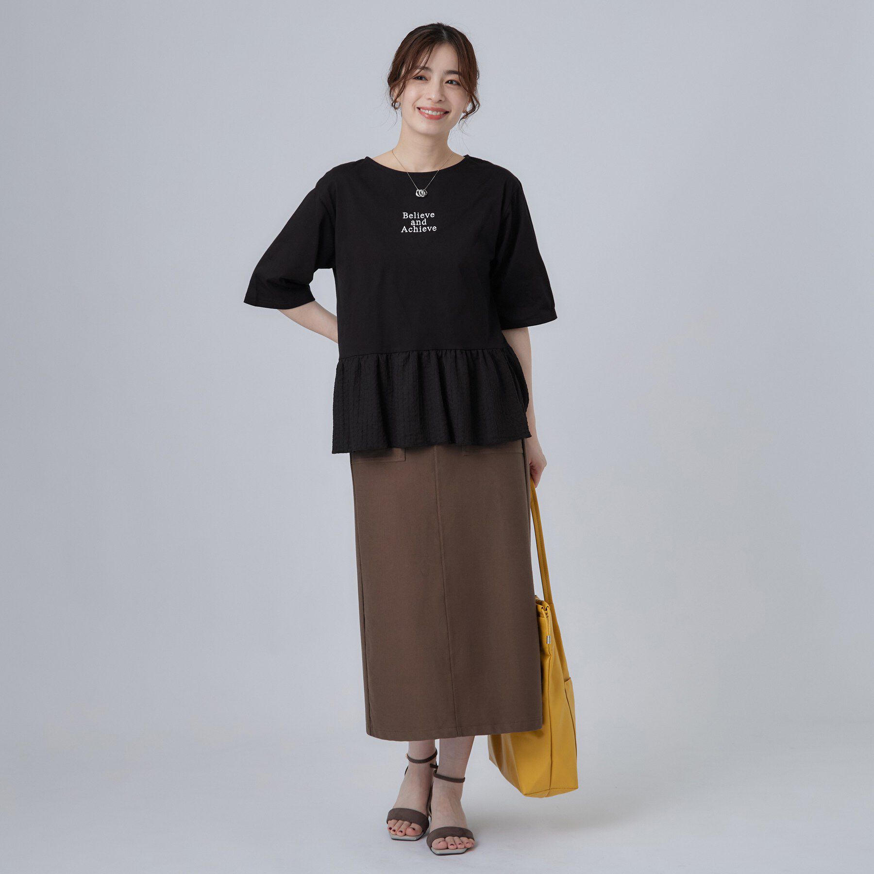 SHOO･LA･RUE「【S-LL】自然に体型カバー 裾切替 ペプラム刺繍Tシャツ」|Tシャツ・カットソー|