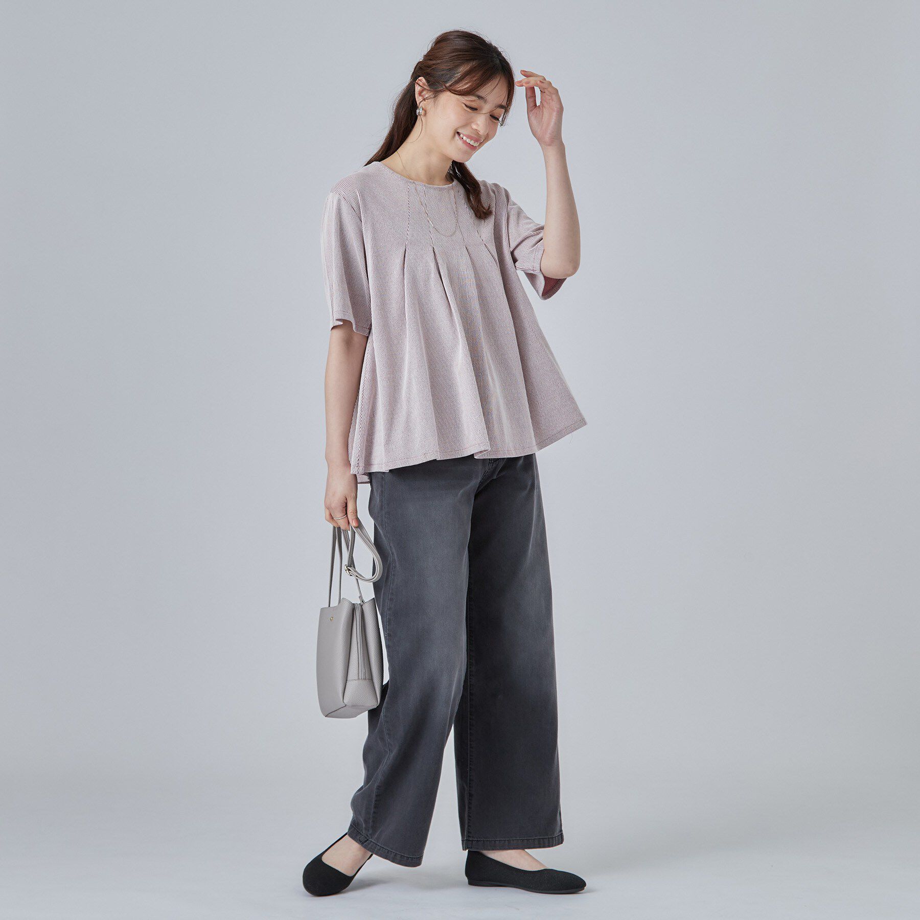 SHOO･LA･RUE「【洗濯機可/S-LL】インせずすっきり見え ストライプ柄タックトップス」|Tシャツ・カットソー|