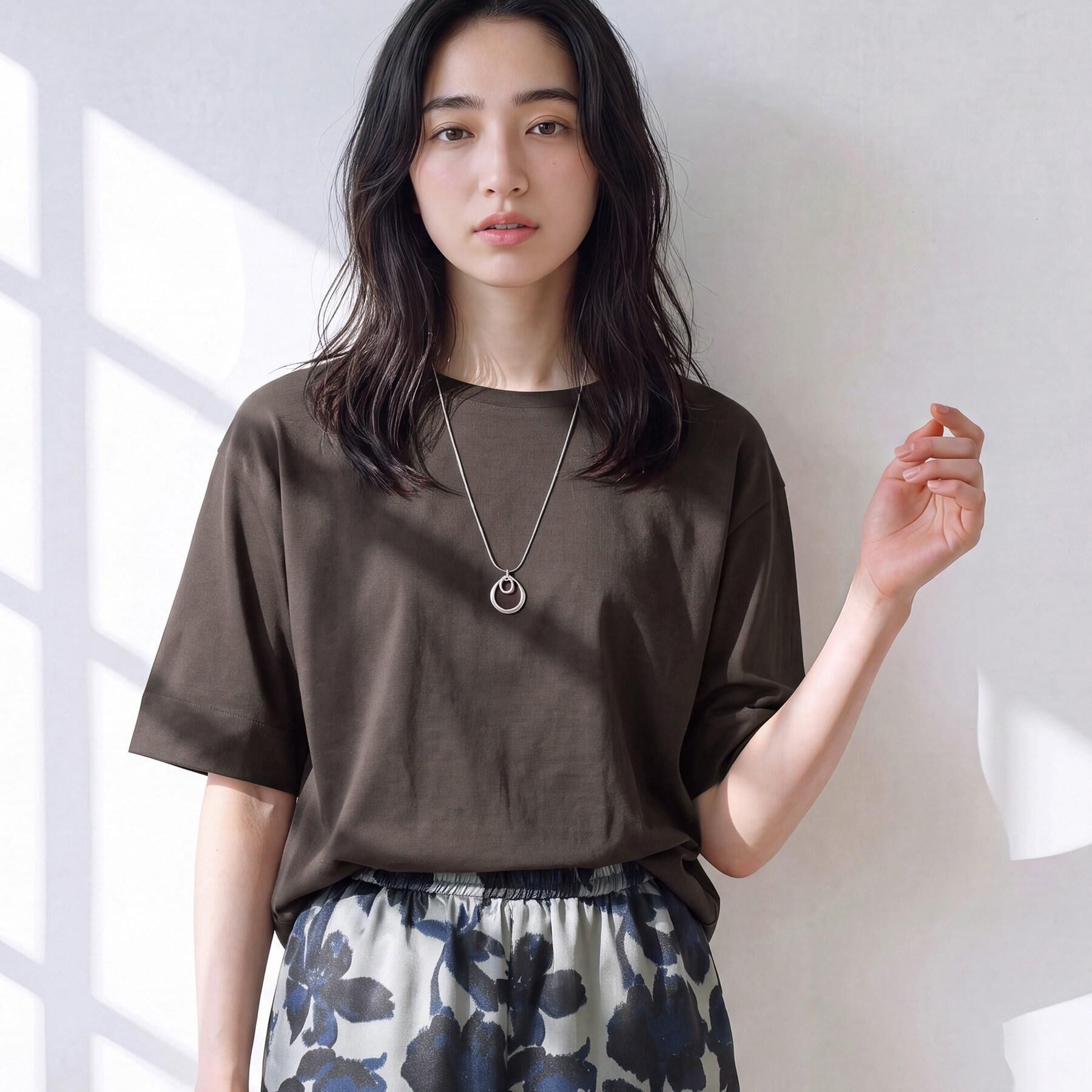 Dessin「【汗シミ防止/UVカット】配色スリーブ 五分袖プルオーバー」|Tシャツ・カットソー|ブラウン(544)