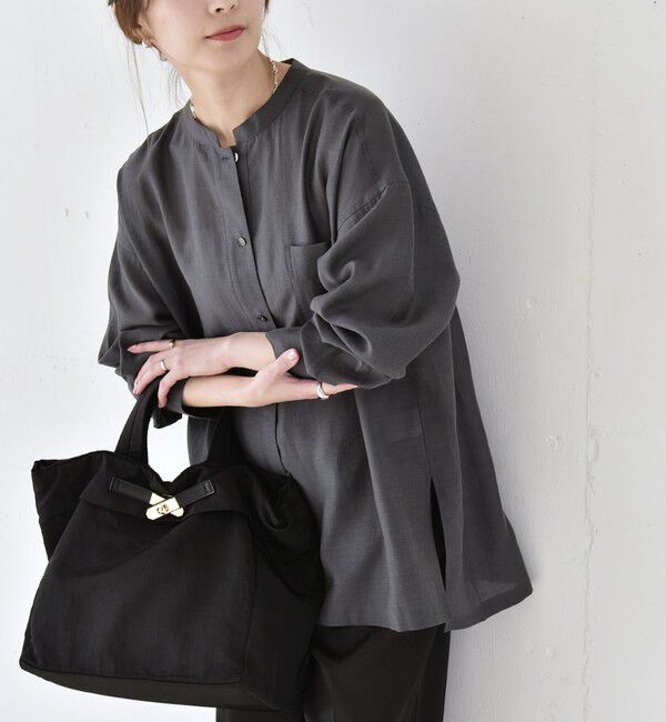 quaranciel「quaranciel:〈洗濯機可能〉リネン ミックス バンドカラー ポケット シャツ」|シャツ・ブラウス|チャコールグレー